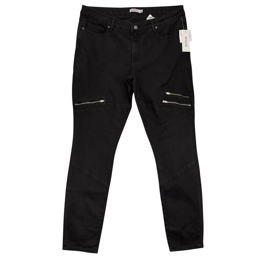 JustFab Black Moto Zip Knee Skinny Jeans Silver Zip Mid Rise Stretch Plus NWT 35